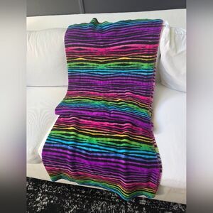 Electric Neon Rainbow Zebra Stripes Animal Print Throw Blanket Small Vtg 50x60